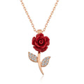 Rose Gold-Tone Red Rose Necklace - Dainty Floral Cubic Zirconia Pendant