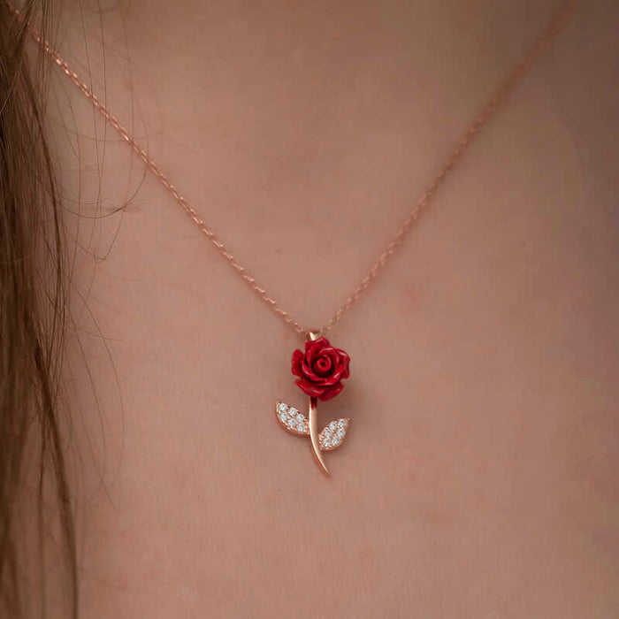 Rose Gold-Tone Red Rose Necklace - Dainty Floral Cubic Zirconia Pendant