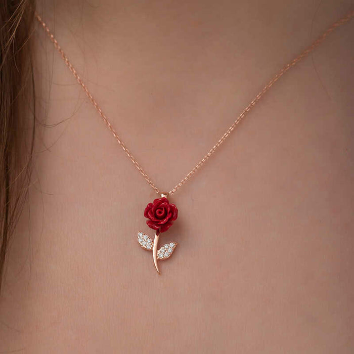 Rose Gold-Tone Red Rose Necklace - Dainty Floral Cubic Zirconia Pendant