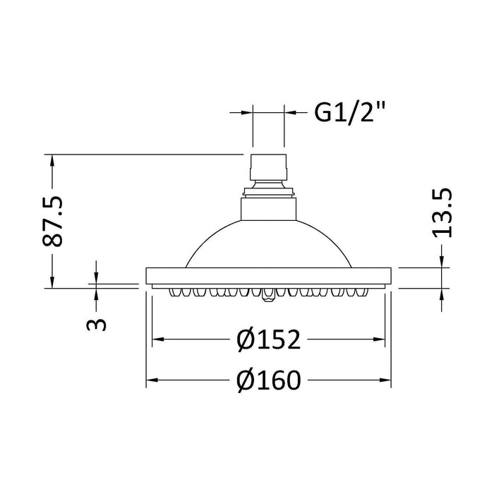 [BSSH304] Rose Round Easyclean Shower Head - 152mm - Chrome - Technical Drawing