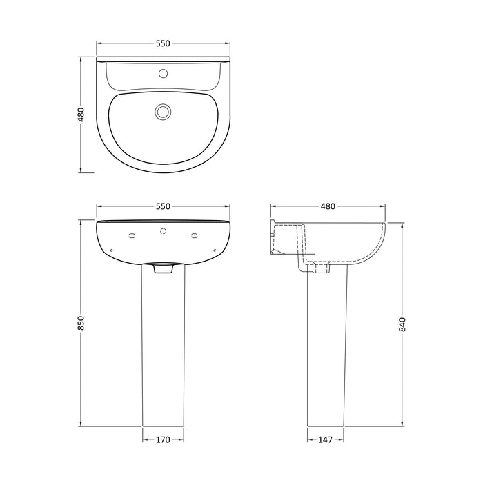 [BCRI003] Round 1 Tap Hole Basin with Full Pedestal - Technical Drawing