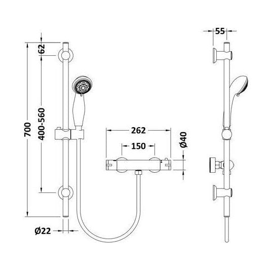 [BBV028K] Round Bar Valve and Slide Rail Shower Kit - Chrome - Balterley - Technical Drawing