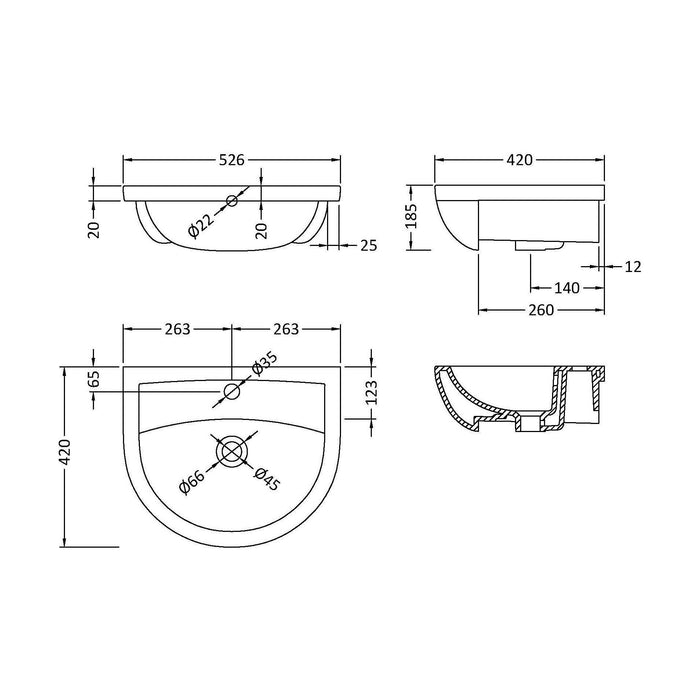 [BCSR305A] Round Ceramics Semi Recessed 1 Tap Hole Basin (Tap Not Included), 500mm - Balterley - Technical Drawing
