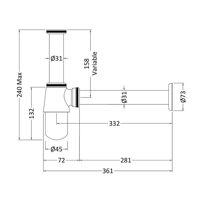 [BABT370] Round Chrome Bottle Trap for Basin Waste Systems - Technical Drawing