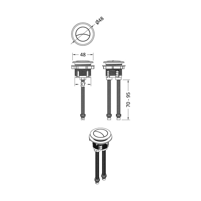 [BWPB101] Round Cistern Push Flush Button, 45 x 45 x 160mm, Choice of Colour - Technical Drawing
