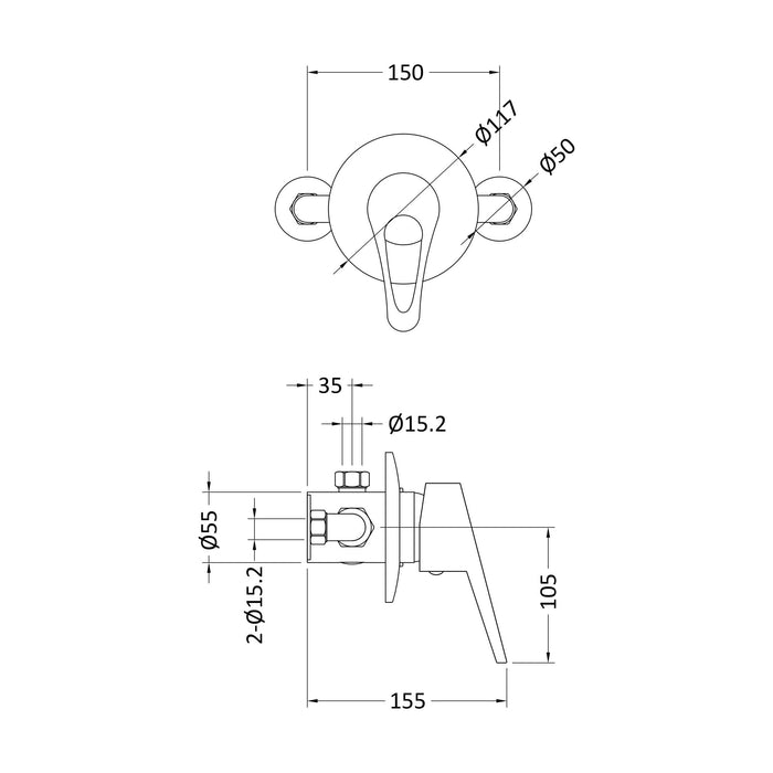 [BSMV200] Round Concealed Or Exposed Manual Shower Valve (1 Outlet) - Chrome - Technical Drawing