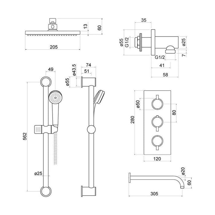[BSTSS005] Round Concealed Thermostatic Shower Set, Choice of Finish - Technical Drawing