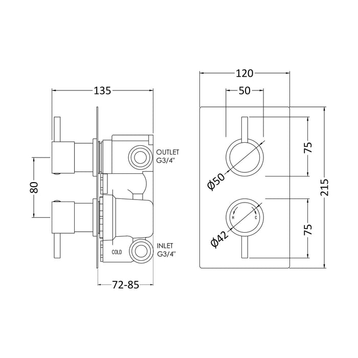 [BSCA052] Round Concealed Twin Thermostatic Shower Valve With Diverter (2 Outlets) - Chrome - Balterley - Technical Drawing
