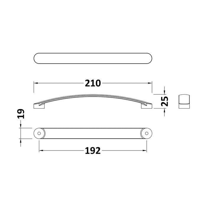 [BFHH184] Round D Shape Handle, 210mm (192mm Centres), Choice of Finish - Technical Drawing
