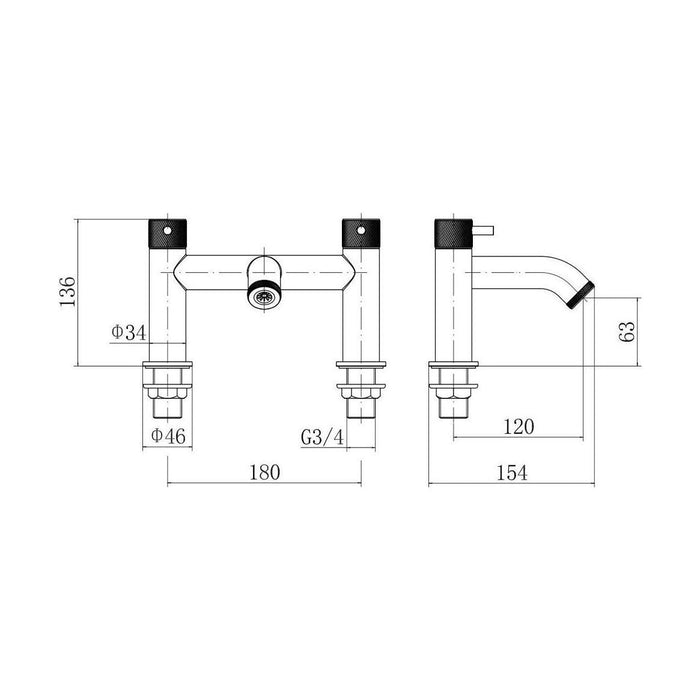 [BTTT771] Round Deck Mounted Bath Filler Tap with Industrial Style Detailing - Brushed Brass - Technical Drawing