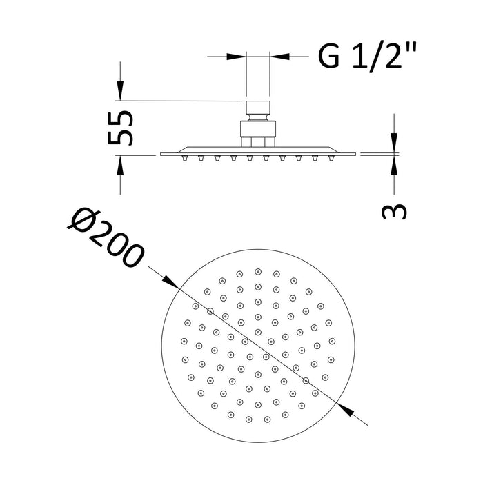 [BSSH082] Round Fixed Head 200mm Diameter - Technical Drawing