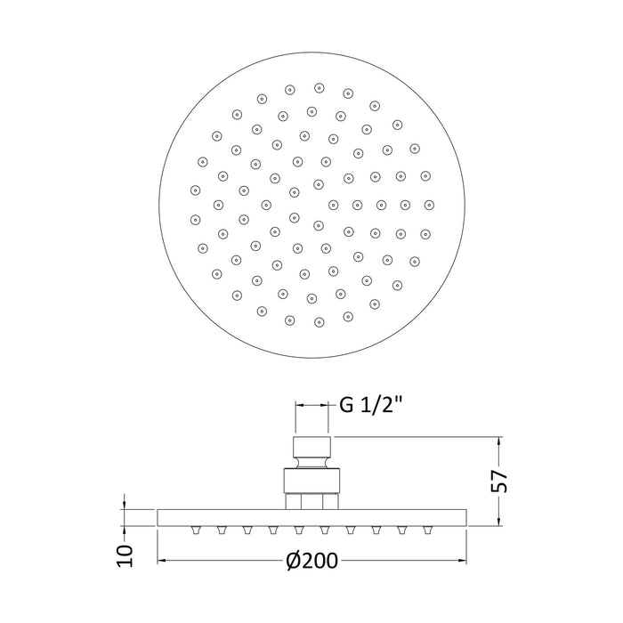 [BSSH069] Round LED Fixed Shower Head, 200mm - Chrome - Technical Drawing