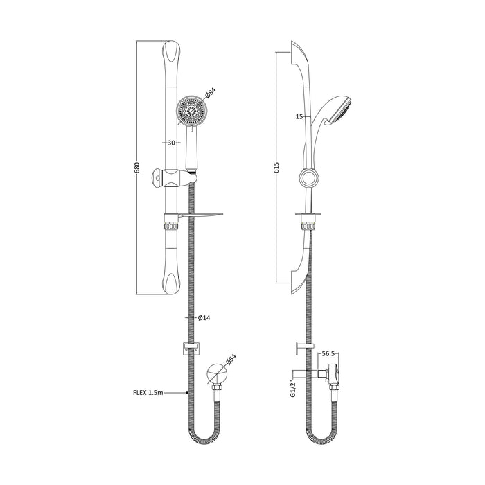 [BSSR273A] Round Luxury Slide Rail Shower Kit with Single Function Head & Outlet Elbow - Chrome - Technical Drawing