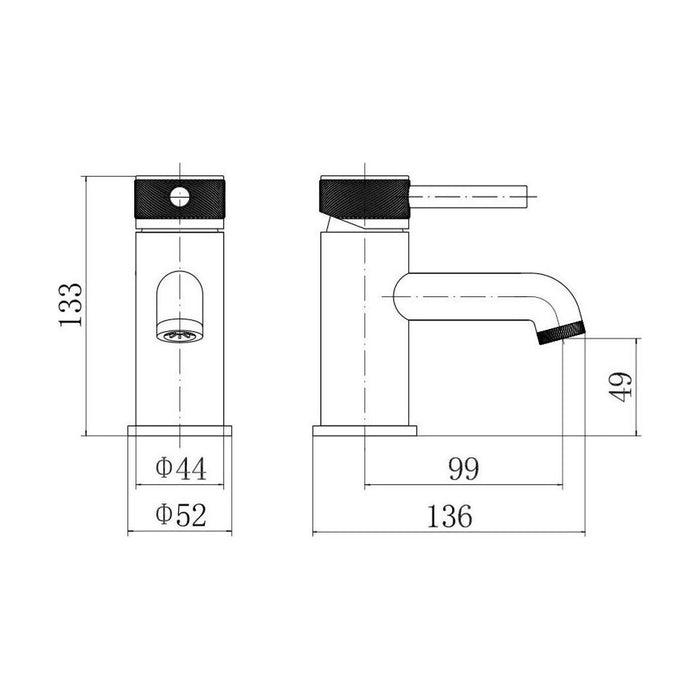 [BTTT750] Round Mono Basin Mixer Tap with Industrial Style Detailing - Chrome - Technical Drawing
