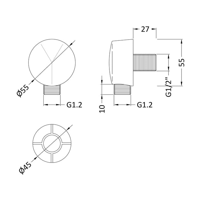 [BSOE203] Round Outlet Elbow in a Chrome Finish - Technical Drawing