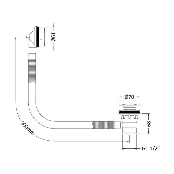 [BABW827E] Round Push Button Bath Waste - 70 x 70mm - Choice of Colour - Technical Drawing