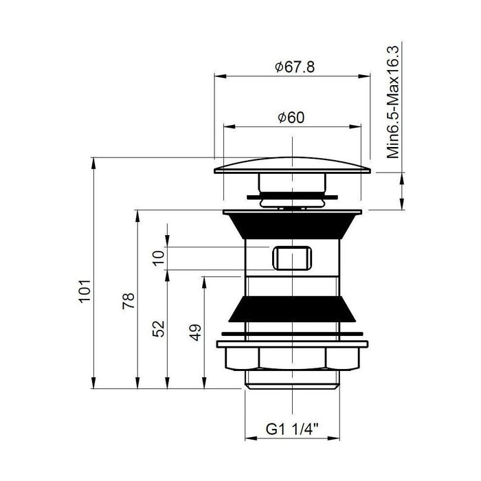 [BASWR07] Round Stainless Steel Push Button Basin Waste Slotted - Chrome - Technical Drawing
