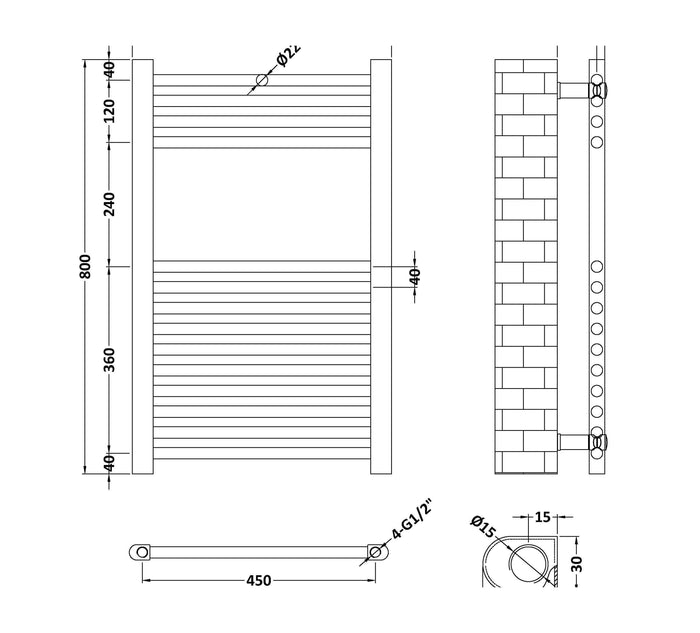 [BHSL15080] Round Straight Towel Radiator 800x500 - Technical Drawing