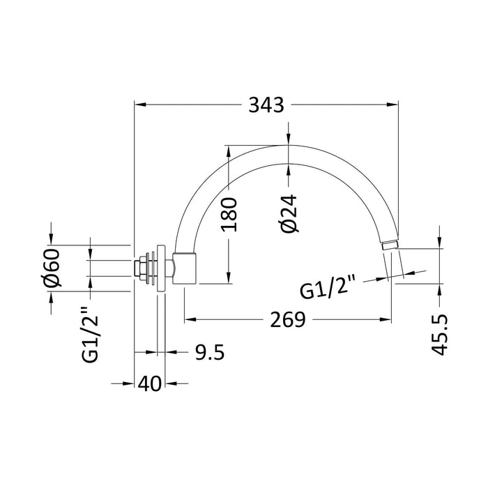 [BSSA006] Round Wall Mount Curved Shower Arm - 303mm - Chrome - Technical Drawing
