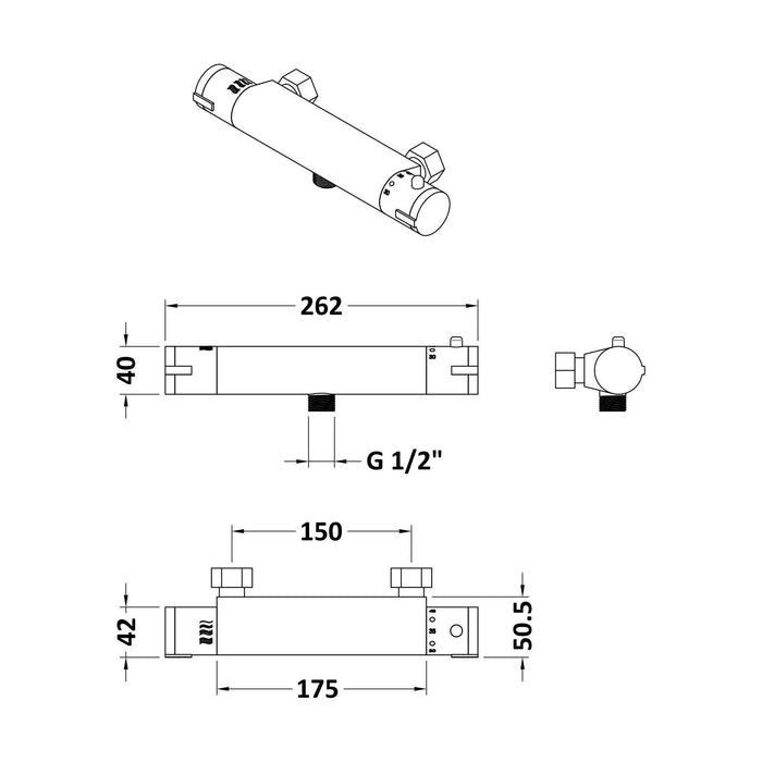 [BBV026] Round Wall Mount Shower Thermostatic Bar Valve Tap (Kit Not Included) - Chrome - Balterley - Technical Drawing