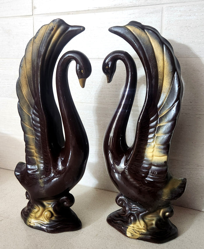 Set of 2 Black & Gold Glazed Ceramic Swan Figurines