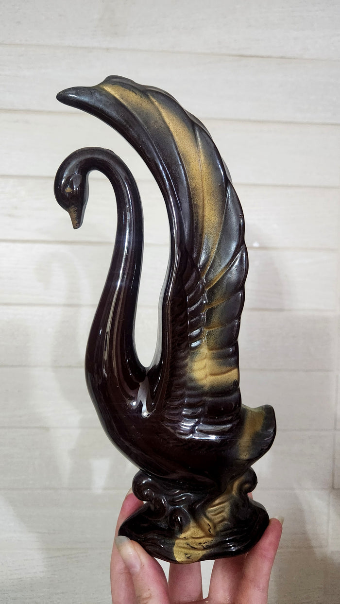 Set of 2 Black & Gold Glazed Ceramic Swan Figurines