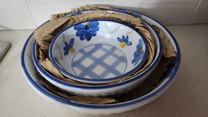 Set of 3 Blue Floral Ceramic Nesting Bowls - Home Collection
