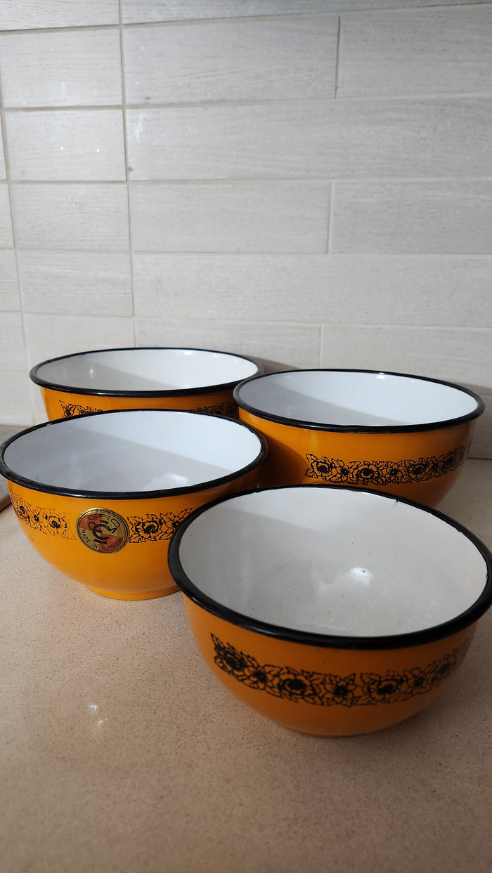 Set of 4 Romanian Enamelware Nesting Bowls - Orange & Black Floral