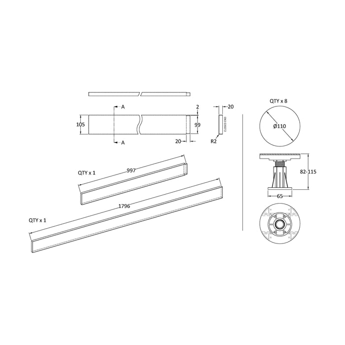 [BELG3S] Shower Tray Leg Set for 1100 - 1200mm Rectangular Shower Trays, Choice of Colour - Technical Drawing
