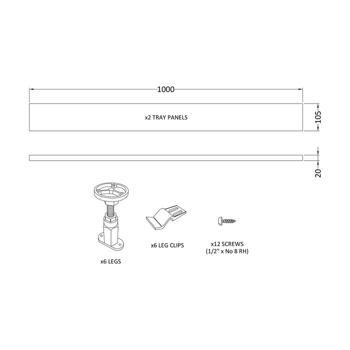 [BETRLEGA] Shower Tray Leg Set & Plinth Kit - White - 1000mm Panel - Technical Drawing