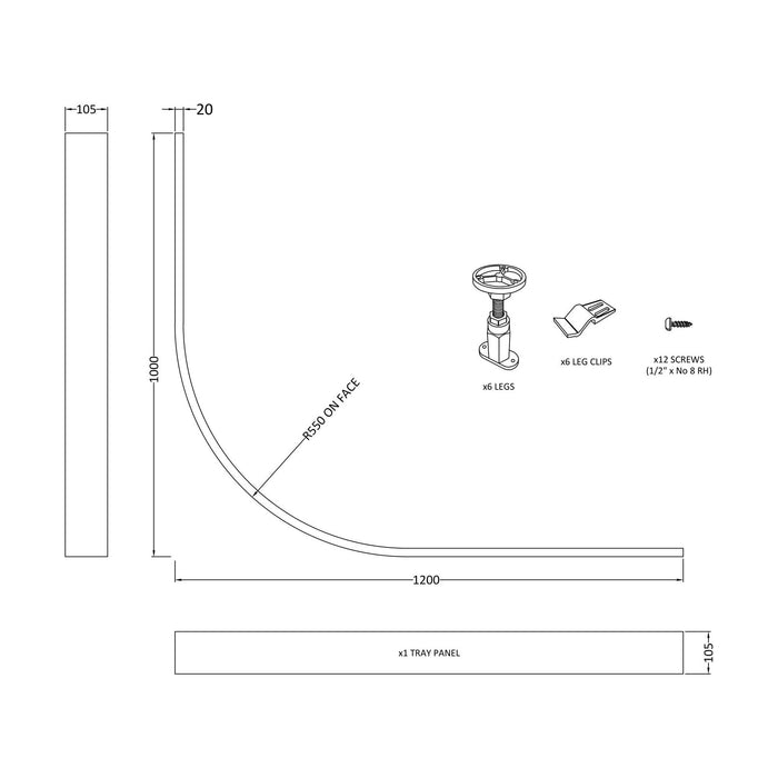 [BETRLEGB] Shower Tray Leg Set & Plinth Kit - White - 900mm Panel - Technical Drawing