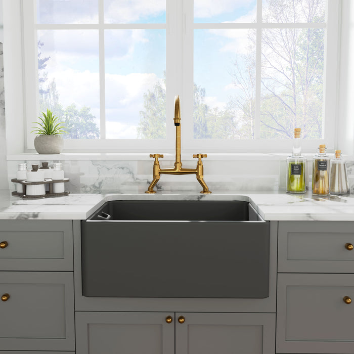 [BKS242] Single Bowl Fireclay Ceramic Belfast Kitchen Sink with Built In Overflow - 595mm - Multiple Colours - Lifestyle 1