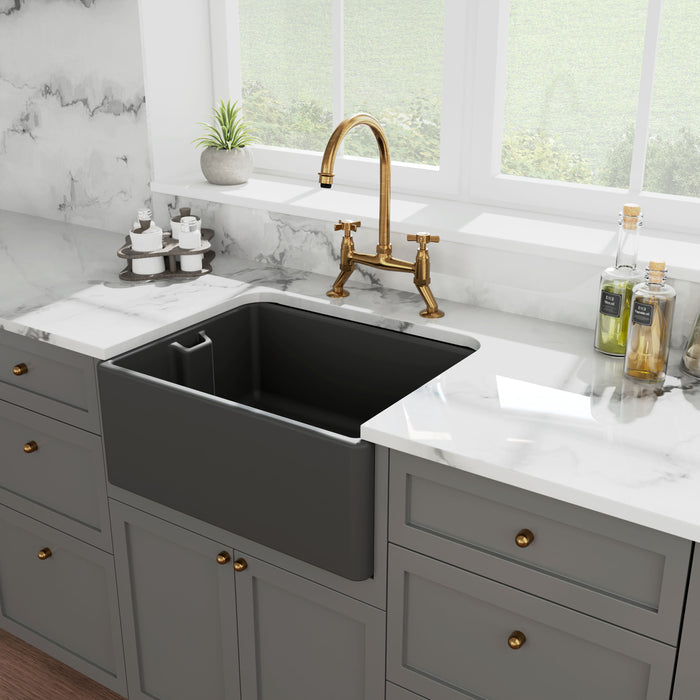 [BKS242] Single Bowl Fireclay Ceramic Belfast Kitchen Sink with Built In Overflow - 595mm - Multiple Colours - Lifestyle 3