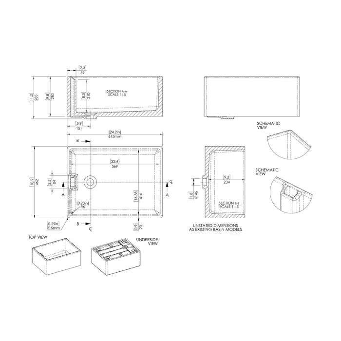 [BKS222] Single Bowl Fireclay Ceramic Belfast Kitchen Sink with Overflow - 615mm - Technical Drawing