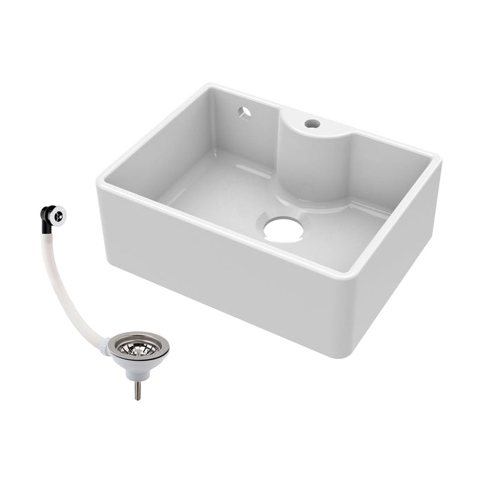 [BKS205W] Single Bowl Fireclay Ceramic Butler Kitchen Sink with Overflow and Tap Ledge with Tap Hole and Chrome Basket Strainer Waste with Overflow - 595mm - Cutout