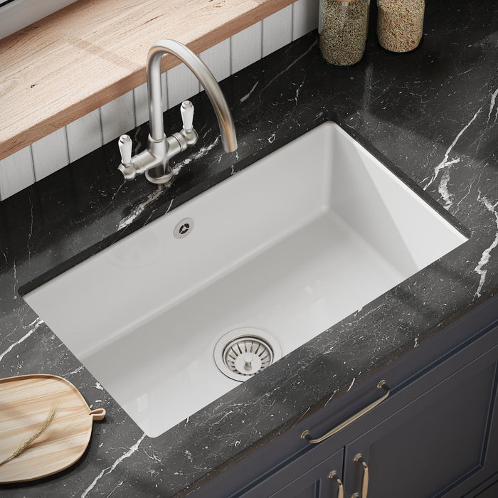 [BKS255] Single Bowl Fireclay Ceramic Rectangular Undermount Kitchen Sink with Overflow - 763mm - Lifestyle 2