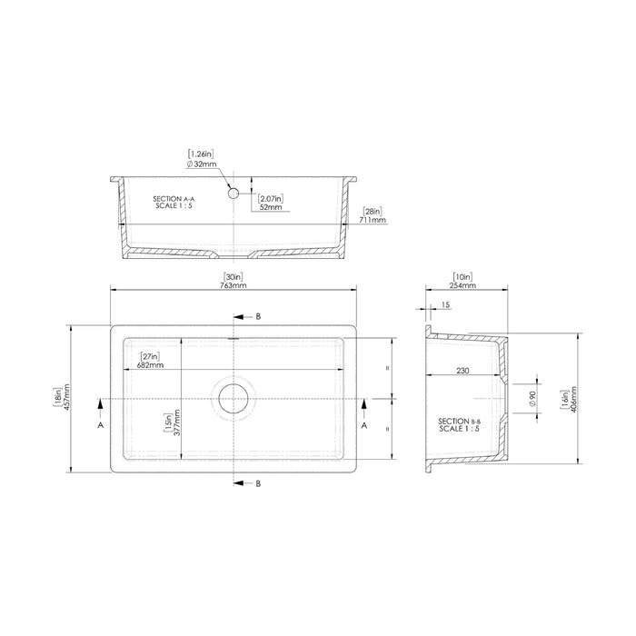 [BKS255] Single Bowl Fireclay Ceramic Rectangular Undermount Kitchen Sink with Overflow - 763mm - Technical Drawing