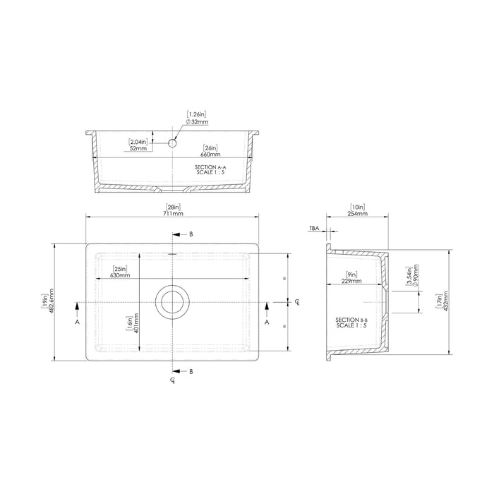 [BKS254] Single Bowl Fireclay Ceramic Undermount Kitchen Sink with Overflow and Central Waste Position - 711mm - Technical Drawing