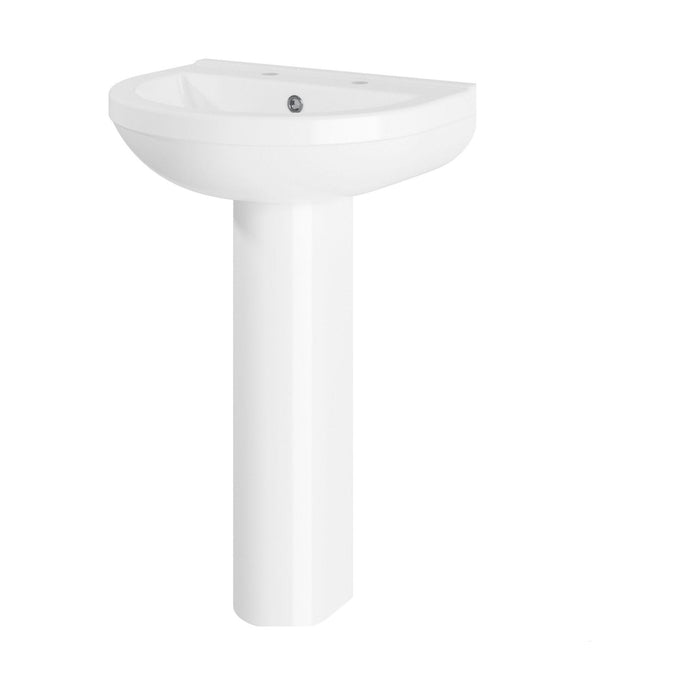 [BB3722A] Sleek Modern White 550mm Round Bathroom 2 Tap Hole Basin & Pedestal - Cutout