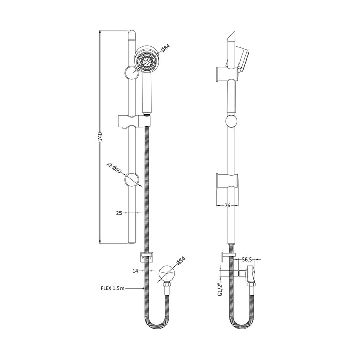 [BSSR042] Slide Rail Shower Kit with Multi Function Head & Outlet Elbow - Chrome - Technical Drawing