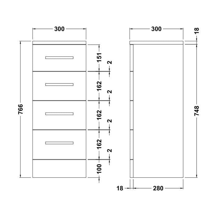 [BFOR133] Slimline 4 Drawer Unit - 300mm - Gloss White - Technical Drawing