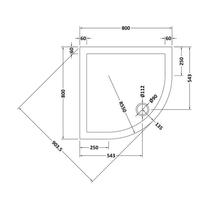 [BETSR105] Slip Resistant Slimline Quadrant Shower Tray - 800mm or 900mm - Technical Drawing