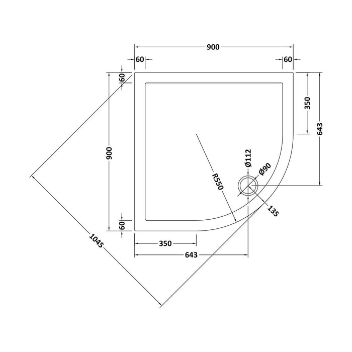[BETSR106] Slip Resistant Slimline Quadrant Shower Tray - 800mm or 900mm - Technical Drawing