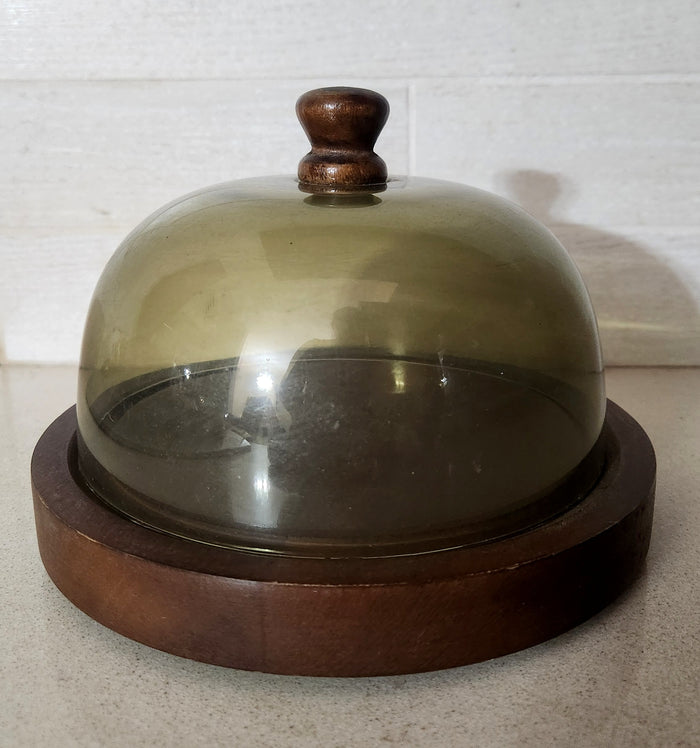 Smoked Glass Cheese Saver With Wooden Base