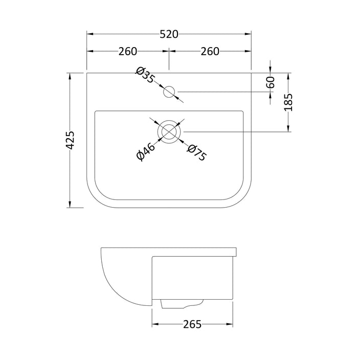[BCSR003] Square Ceramics Semi Recessed 1 Tap Hole Minimalist Basin (Tap Not Included), 520mm - Balterley - Technical Drawing