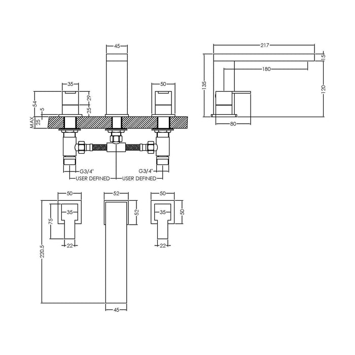 [BTRP333] Square Deck 3 Mounted Tap Hole Bath Filler Tap - Chrome - Technical Drawing