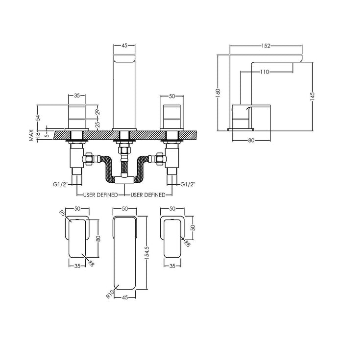 [BTEM337] Square Deck 3 Tap Hole Basin Mixer Tap & Pop Up Waste - Chrome - Technical Drawing