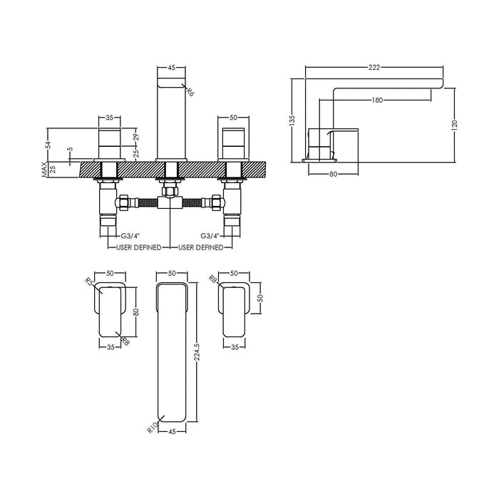 [BTEM333] Square Deck Mounted 3 Tap Hole Bath Filler Tap - Chrome - Technical Drawing