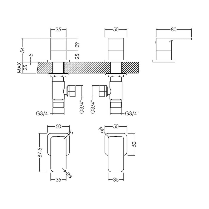 [BTEM308] Square Deck Mounted 3/4" Chrome Side Valves Chrome - Technical Drawing