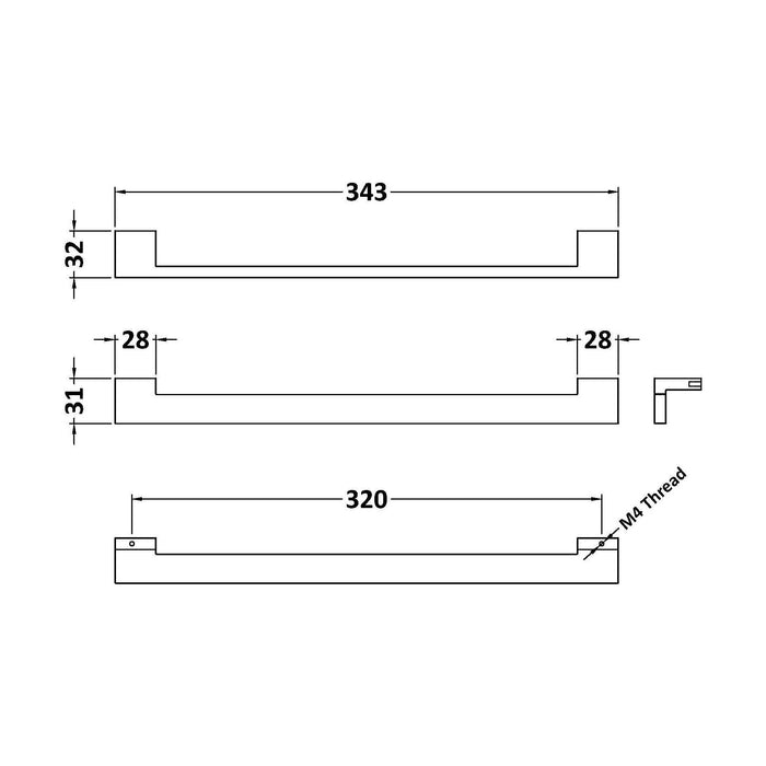 [BFHH320B] Square Drop Handle, 343mm (320mm Centres) - Chrome - Technical Drawing